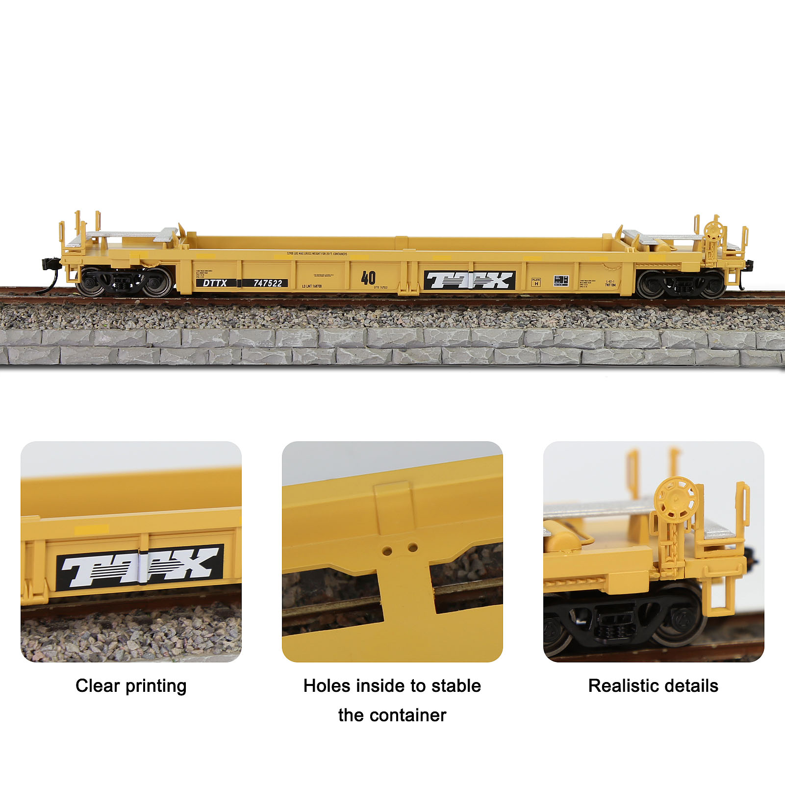 thumbnail image 2 of HO Scale 40' Well Car With 20ft Shipping Container - 1:87 Scale Flatbed Model Train Car 2 of 4