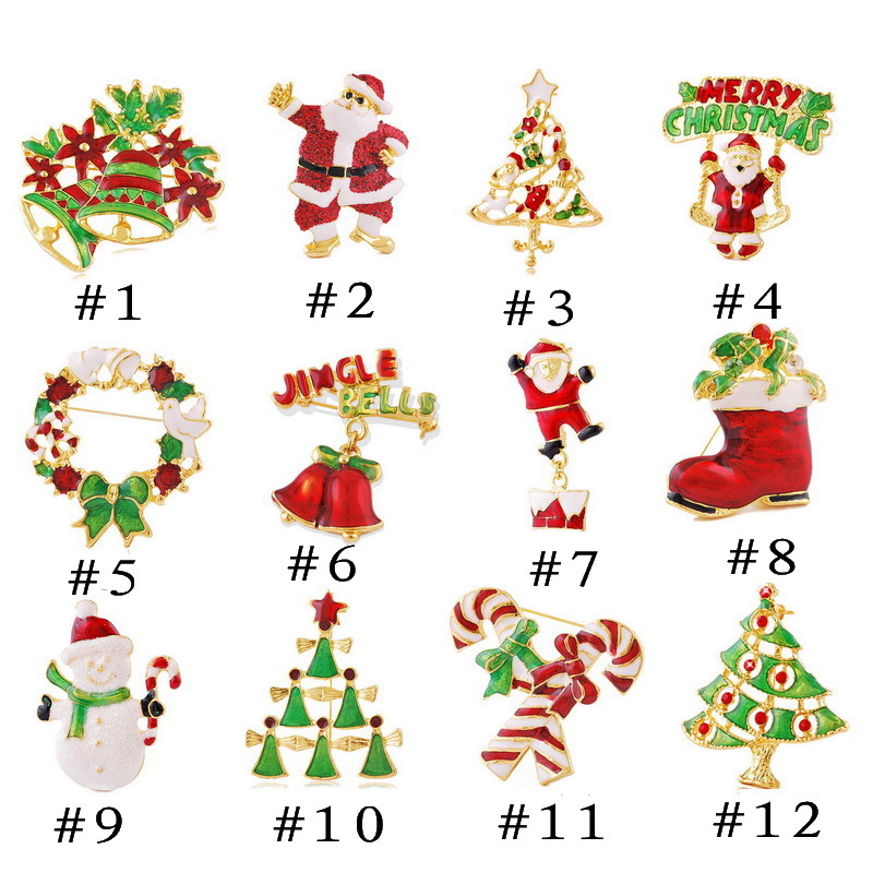 12styles Chooses Gold Enamel Rhinestone Christmas Theme x'mas Gift Brooches Pins